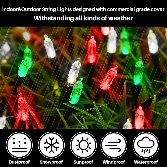 LAMPHOME Red Green White Christmas Mini Lights, 32.5FT 100 LED Clear Bulbs String Lights with 16 Light Modes, Fairy Lights Plug in for Outdoor Xmas Trees Garland Wreath Holiday Decorations