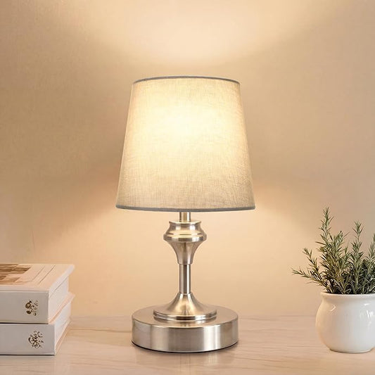 NIORSUN Portables Cordless Table Lamp, 10.2" Battery Operated Lamp, Bedside Table Lamp with Warm White,3 Way Dimmable Touch Desk Lamp for Bedroom Living Room Restaurant Whtie Shade (Silver)