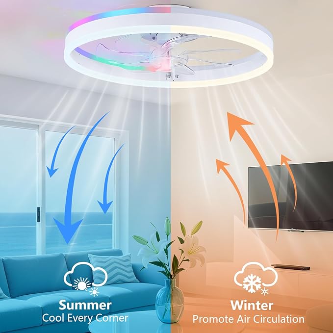 STERREN RGB Ceiling Fans with Lights, 20'' Smart LED Ceiling Fan with Remote/APP Control, Modern Low Profile Bladeless Chandelier Fan, Dimmable White Fandelier for Bedroom, Living Room, Kitchen