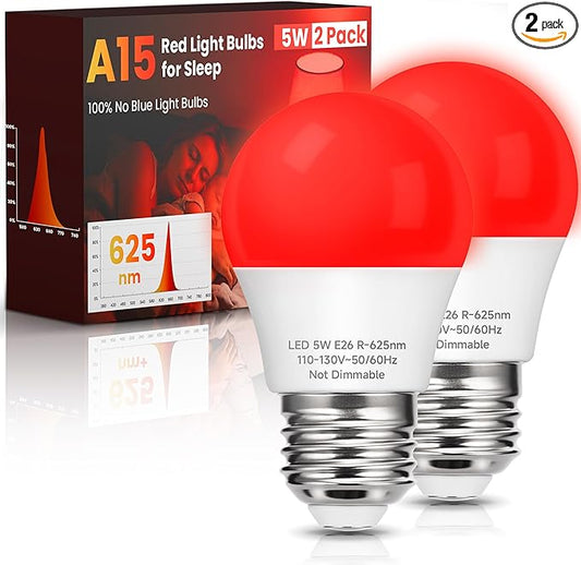 Red Sleep Light Bulbs: A15 5W 625nm Red Light Bulbs for Sleeping, 100% Blue Light Blocking Dim Light Bulbs 40W Equivalent, E26 LED Bulbs for Mood Soothing, Bedroom and Baby Nursery, 2 Pack