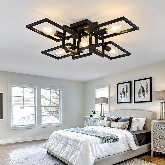 ZGLAOJT Black Industrial Flush Mount Ceiling Light 5-Light Kitchen Light Fixtures Modern Large Matte Sputnik Chandelier for Dining Room Bedroom Farmhouse Living Room