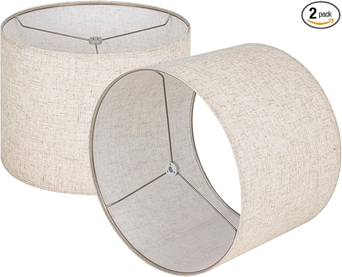 Wellmet Linen Set of 2 Drum Lampshades, Easy Assembly Required 14" Top x 14" Bottom x 11" High Replacement Lamp Shades, Fabric Lampshades for Table Lamps Floor Lamps, Metal Spider Fitter
