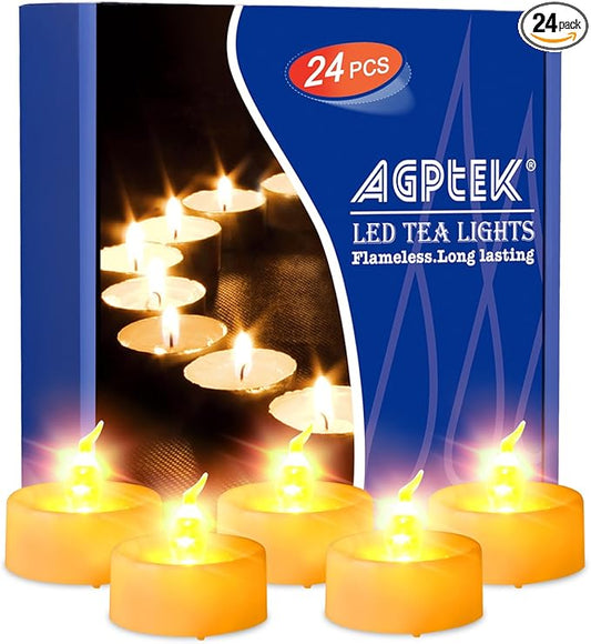 AGPTEK Timer Function, Pack of 24 Flameless LED Candles, Includes CR2032 and Battery Replaceable, Warm Yellow, Pack of 24 Flickering Warm White