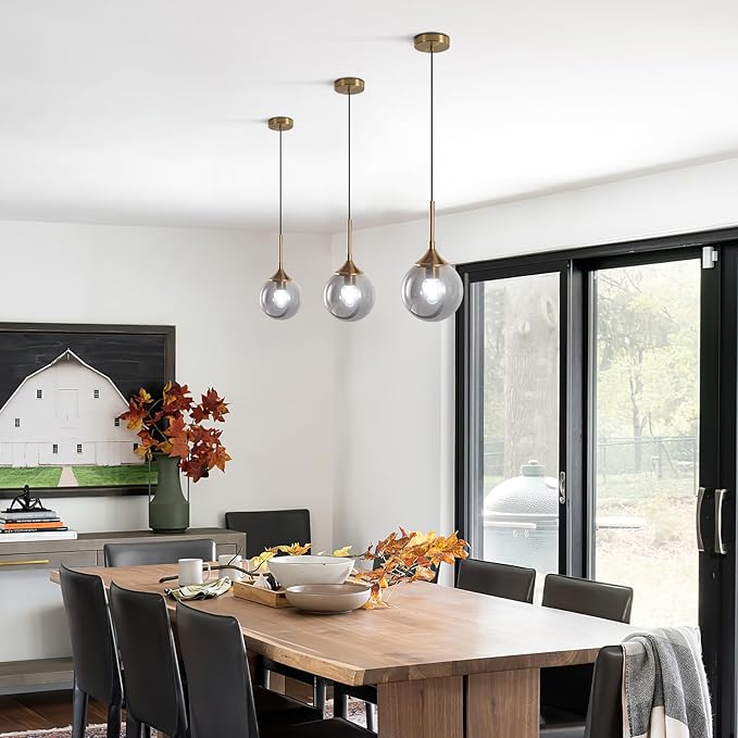 KCO Lighting Modern 1-Light Globe Pendant Light Mid Century Large Single Smoke Glass Hanging Light Brushed Brass Adjustable Pendant Light Fixture for Living Room Kitchen Island
