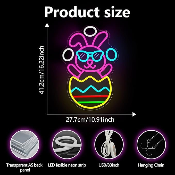 Easter Neon Sign for Wall Decor Bunny Throwing Eggs Led Sign Animated Bunny Neon Light Easter Decorations Funny Rabbit Light Up Signs for Window Spring Bar Home Holiday Party Gifts Business Coffee