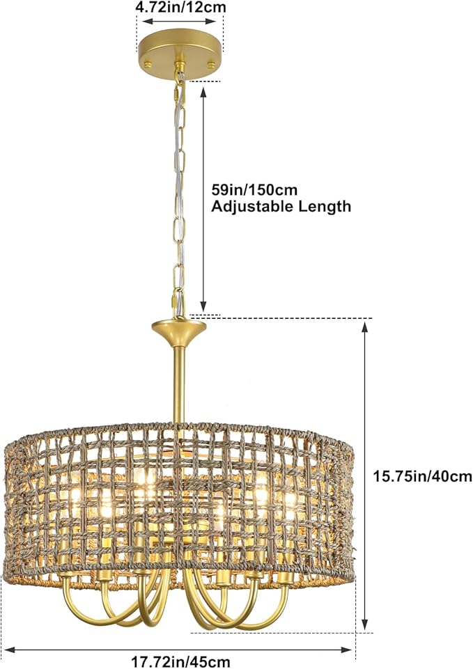 6-Light Large Woven Rattan Chandelier, 17.7'' Boho Pendant Light Gold Drum Hanging Light Fixture, Coastal Handwoven Wicker Chandeliers for Dining Room Living Room Kitchen Hallway