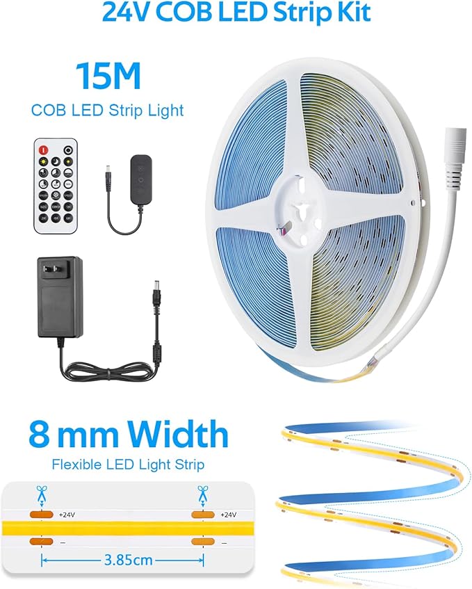Aclorol 50FT LED Strip Lights COB 3000K Warm White Dimmable 24V LED Light Strip Kit High Density Bright Tape Lights with Power Supply for Cabinet Display Home DIY Lighting Projects CRI85+ 320LEDs/M