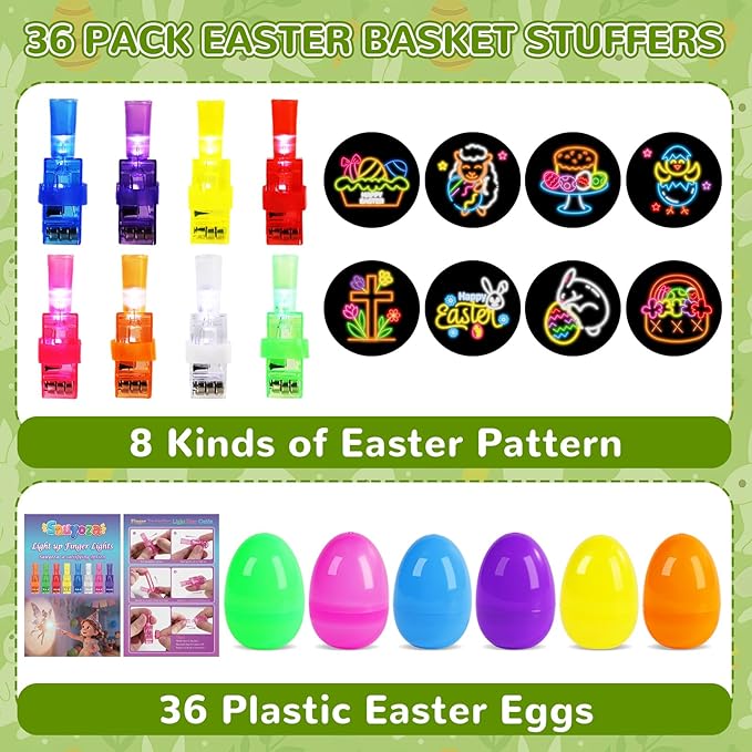 36 Pcs Prefilled Easter Eggs with Light up Finger Lights Toys, Easter Basket Stuffers Party Games, Goodie Bag Fillers, Easter Egg Hunt Party Favors for Boys & Girls