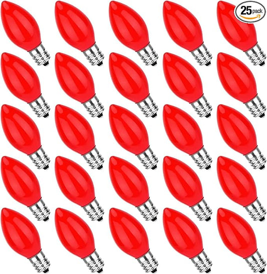25 Pack C7 Ceramic Christmas Replacment Bulbs, Red Light Bulbs for E12 Candelabra Base Outdoor/Indoor Christmas String Lights, 5 Watt