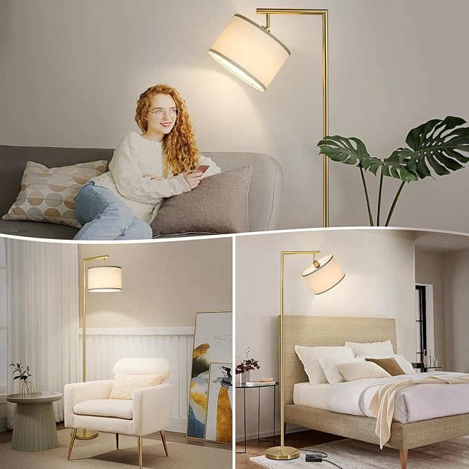 Boncoo Gold Floor Lamp, Montage Modern Standing Lamp with Flexible Lamp Head, Dimmable Floor Lamp for Living Room Tall Over Couch Reading Light for Bedroom, Office, 9W LED Bulb Included
