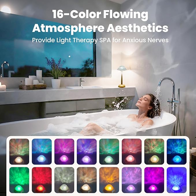 Rechargeable Shower Lamp No Wiring 16 Color Ocean Wave Projector Light, Dimmable Waterproof Shower Light with Remote for Shower, Bathroom, Bedroom Decor (Rechargeable Ocean Lamp)