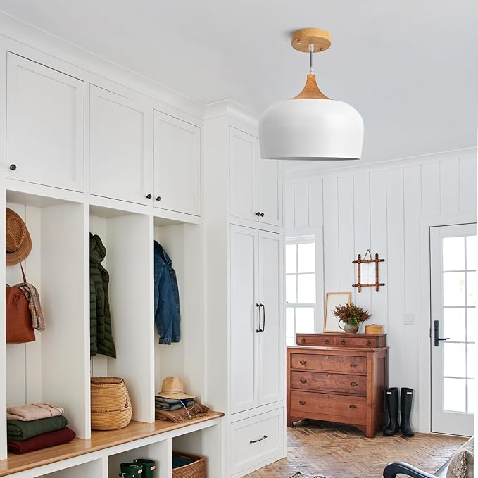 Modern White Pendant Light, Nordic Wooden Dome Minimalist Style Light fixtures Ceiling Hanging,Mini Chandelier for Dining Room, Kitchen Island, Bedroom, Hallway