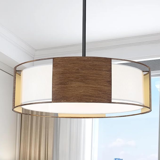 19.7'' Farmhouse Drum Chandeliers for Dining Room, 4 Light 2-Layer Shade Chandelier Large Round Pendant Light Fixtures, Modern Light Fixture for Dining Room Kitchen Island Living Room Bedroom