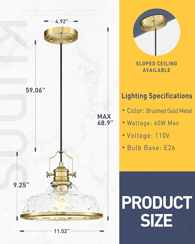 kudos Gold Pendant Lights Kitchen Island, 11" Brass Kitchen Island Lighting with Clear Hammered Glass Shade, Farmhouse Hanging Light Fixture for Kitchen Sink Dining Room Hallways, KDPL13-GD-H