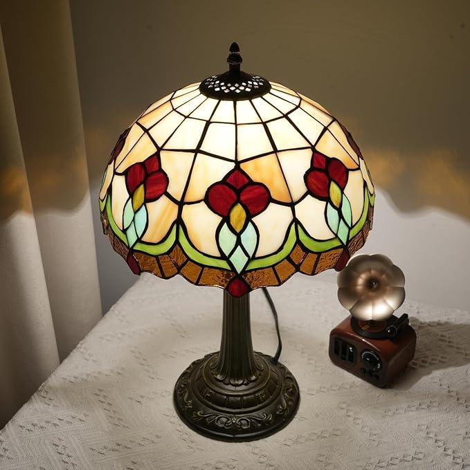 Red Tuilp Tiffany Lamp Stained Glass Table Lamps Antique Vintage Style Bedside Nightstand Nightstand Decor Living Room Bedroom Office Home Retro Bar Hotel 12 Inch Unique Reading Desk Lamps
