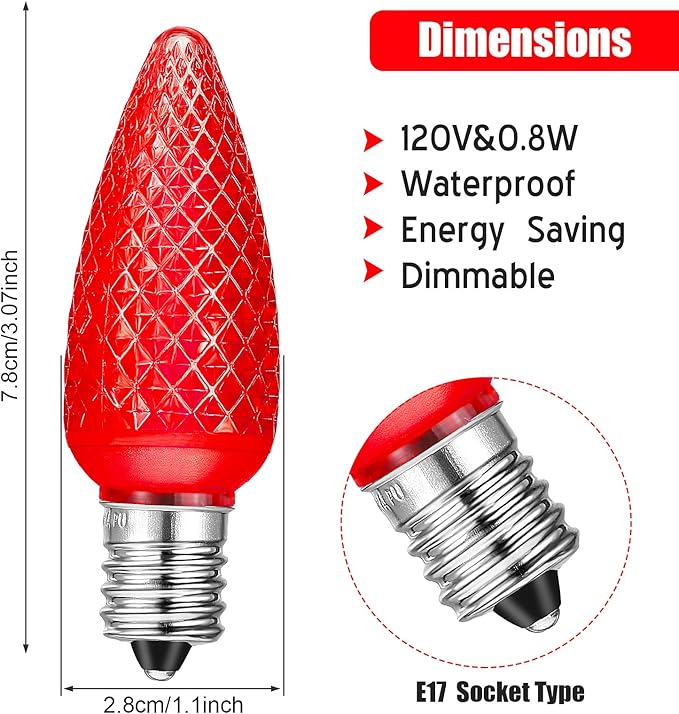 Mudder 50 Pieces C9 Christmas Light Replacement Bulb E17 LED Easter Light Replacement Bulb Outlet Faceted Christmas Bulb LED for Holiday Decoration(Red)