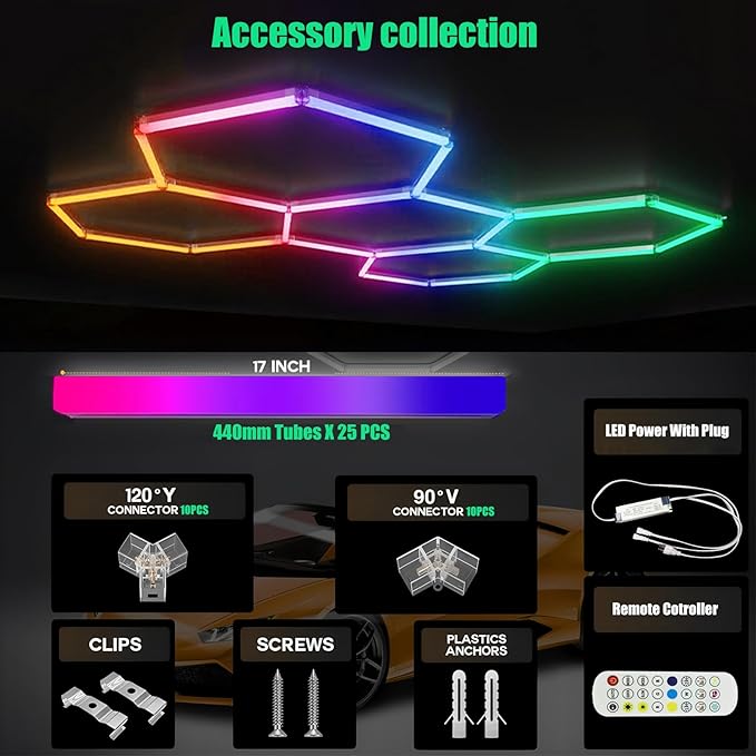 25Pack RGB Hexagon led Garage Lights,RGB 5Hexagon Light with Multi Color,Dimmable&Speed Adjustable RGB Hex Wall Lights,DIY Design for Remote Control & Smart App Control Music Modes
