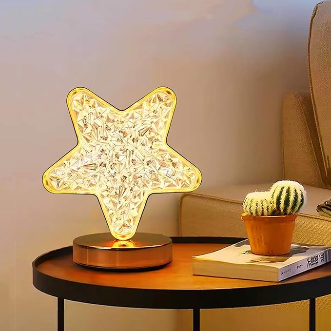 Countertop Crystal Lamps Star Table Lamps with Base Touch Control,Rechargeable and Dimmable Bedside Nightstand Nursery Light 3 Color Adjustable, Christmas Ramadan Bedroom Decorations Gift,7x4x4in