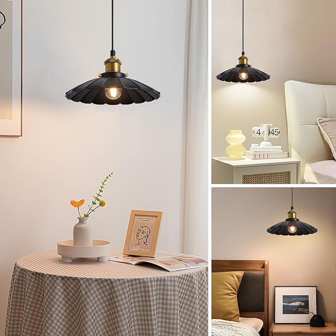Plug in Hanging Light, Vintage Black 9.8 Inch Lampshade 14Ft Plug in Pendant Light for Dining Room and Living Room, Kitchen Island Retro On/Off Switch Hanging Lamp Fixtures 2Pack