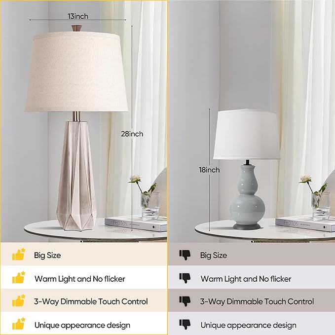 WIHTU 3 Color Temperature Table Lamps Set of 2, Beside Lamp with Linen Shade, 27'' Light Wood Color Modern Table Lamp for Living Room, Resin Desk Lamp for Nightstands Bedroom Decor (2 Bulbs Included)