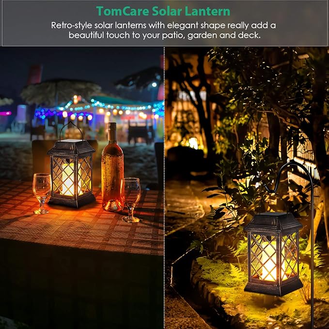 TomCare Solar Lights Outdoor Flickering Flame Metal Solar Lantern Outdoor Hanging Decorative Lanterns Heavy Duty Waterproof Umbrella Decorations Lighting for Patio Garden Deck Yard, 2 Pack (Bronze)