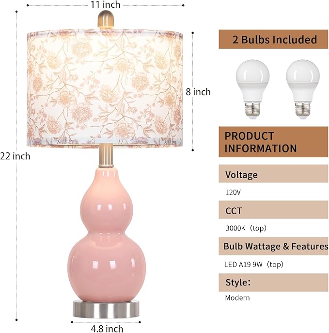 Pink Double Gourd Ceramic Lamps Set of 2 with Flower Lampshade, Modern Table Lamps for Living Room, Contemporary Nightstand Bedside Lamp for Bedrooms End Tables Office Dorm Decor(2 LED Bulbs Included)
