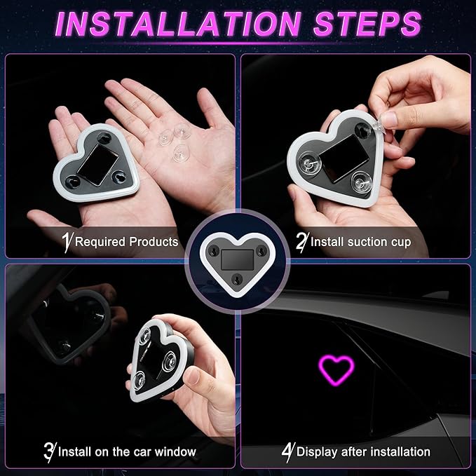 Car LED Interior Lights, Heart-Shaped Ambient Light for Windows, 5 Lighting Modes, Charging Through Type-c and Solar Energy, Car Decorations for Women Men, Pack of 1, (Pink)