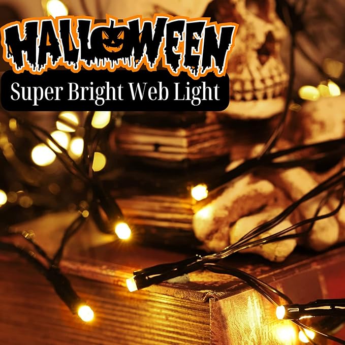 Halloween Decorations Spider Web Lights - 4FT Diameter 70 LEDs with Black Spider, Waterproof Net Lights, Remote Control, 8 Modes Cobweb Halloween Decorations for House Garden Indoor Outdoor (Orange)