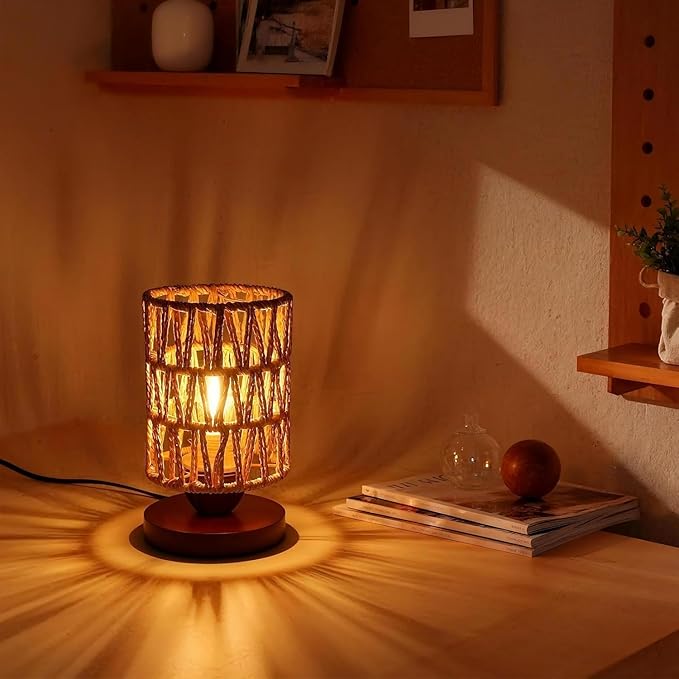 Handmade Rattan Lamp Farmhouse Table Lamp for Bedroom, Stepless Dimming Rustic Woven Lamps for Night Stands with Warm White LED Bulb, Boho-Inspired Boho Lamps for Living Room Kitchen Nook