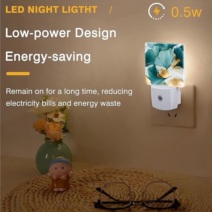 Night Light Green and Gold Ginkgo Leaves Night Lights Plug into Wall Smart Dusk to Dawn Sensor 0.5W Energy Efficient Led Lamp for Men Women Bedroom Bathroom Hallway Stairway Decor