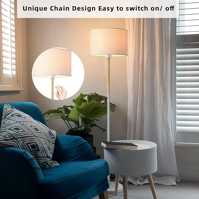 Bedroom Floor Lamp Farmhouse Floor Lamps for Living Room Mid-Century Pole Lamp Linen Lamp Shade, Standing Tall Lamps for Bedrooms and Office (White)