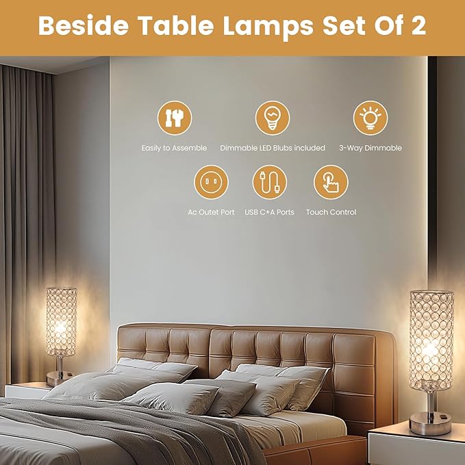 Crystal Table Lamp Touch Table Light Chrome Dimmable USB Charging Modern Bedside Lamps for Bedroom Night Stands Living Room (Bulb Included)