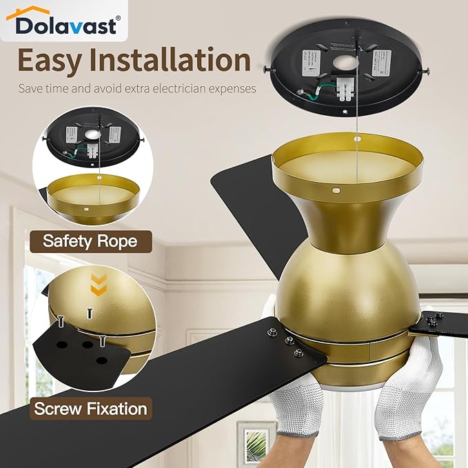 Ceiling Fans with Lights and Remote, 42 Inch Ceiling Fan with Light, Low Profile, Reversible, Dimmable LED, Flush Mount, Quiet, DC Motor, Gold Ceiling Fan for Bedroom, Kitchen, Dining Room