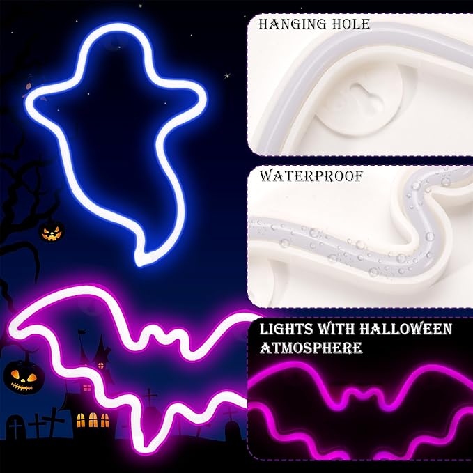 2 Pack Halloween Decoration LEDs Neon Sign Light Ghost Neon Sign Bat Lights Neon Signs Hanging Neon Signs for Halloween Party Decorations Indoor Home Window Decorations(Batteries Not Included)