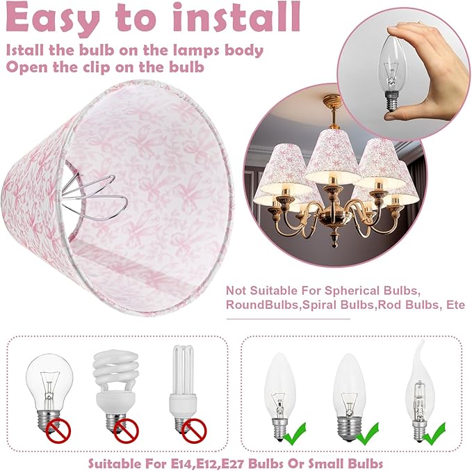 VIHOSE 6 Pcs Chandelier Lamp Shades Small Lamp Shade 3" Top x 6" Bottom x 5" Slant Vintage Coquette Pink Bow Toile Chinoiserie Clip on Lampshade for Wall Sconces Pendant Lighting
