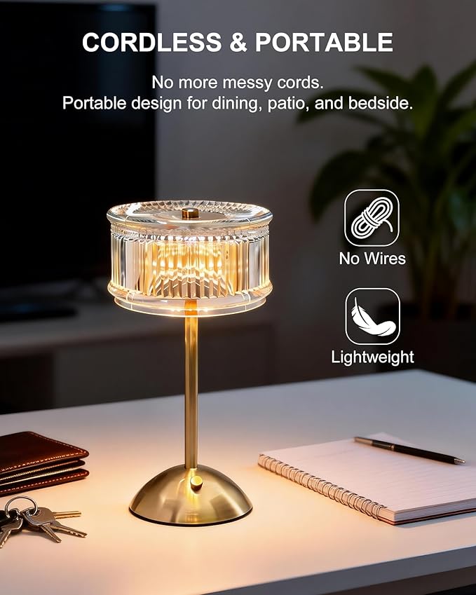 Cordless Table Lamp, Crystal Rechargeable Battery Operated Lamp, 3-Color Stepless Dimmable Touch Lamp, 2000mAh Portable LED Nightstand Lamp for Restaurant, Bedroom, Patio, Antique Bronze