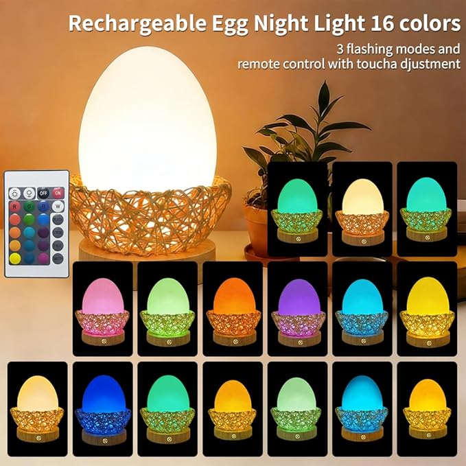Egg Night Light for Kids,Rechargeable Bedside Lamp Remote & Touch Control Portable Nursery Night Light with 16 Colors Changing Mode for Baby Kids Nursery Bedroom Camping, Easter Christmas Themed Gifts