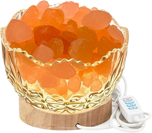 Crystal Glass Himalayan Salt Lamp with LED Light, Wooden Base, 10 Brightness Levels, 3 Distinct Lighting Modes, USB Powered, Pink Salt Rock Lamp, Home Decor Art Showpiece Night Light (Tricolor)
