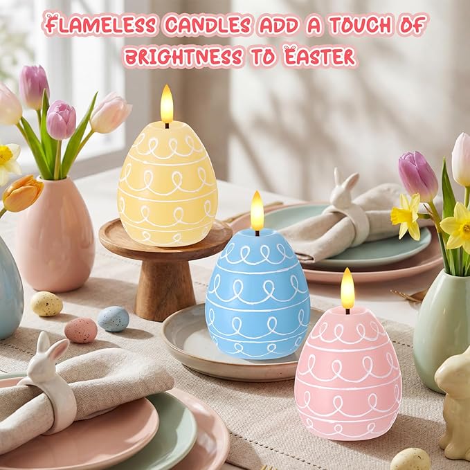 Baquler 3 Pcs Easter Egg Flameless Candles with Timer Egg Shape LED Candle Real Wax Battery Operated Flickering LED Candles Gift No Battery for Easter Party Living Room Home Decor (3 Color)