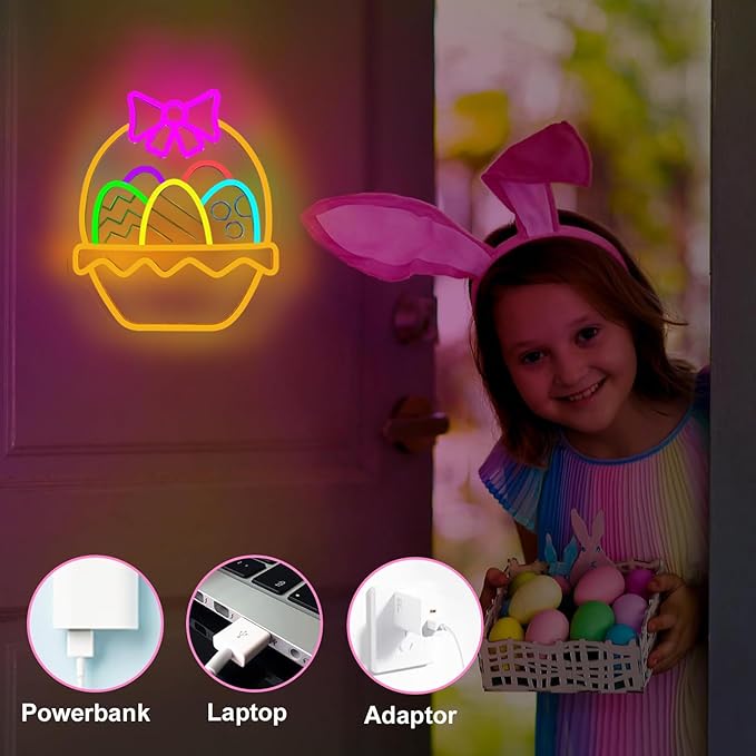 Easter Eggs Neon Signs for Wall Decor, Easter Egg Baskets with Bow Decorations Gifts, USB Dimmable LED Neon Lights Sign Party Decor for Bedroom Window Door Yard Bar Classroom Church