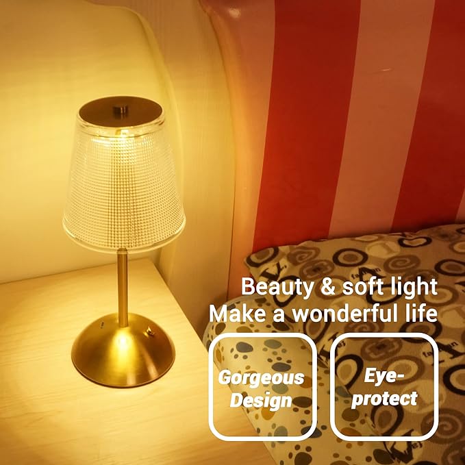 Cordless Table Lamp, 4000mAh Rechargeable Battery Operated Lamp, 3 Color Modes & Stepless Dimmable LED Touch Lamp, Portable Retro Metal Beside Lamps for Home Desk Bedroom Restaurant(Gold)