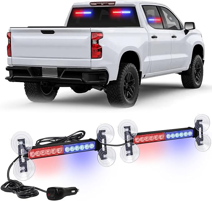 XRIDONSEN 2x 10.7 inch Red Blue Police Lights 24 LED Emergency Strobe Lights Warning Flashing Safety Side Window Front/Rear Windshield Light Grill Surface Mount for Law Enforcement Vehicles Trucks Car