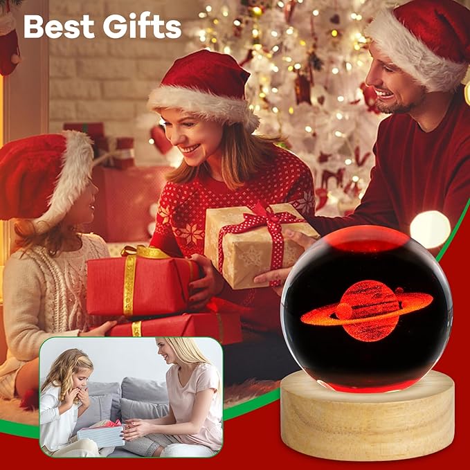 3D Saturn Crystal Ball Night Light 2.4in Saturn Planet Glass Sphere Lamps Decor with 16 Colors Change Remote Control Galaxy Birthday Christmas Gifts for Friends Kids