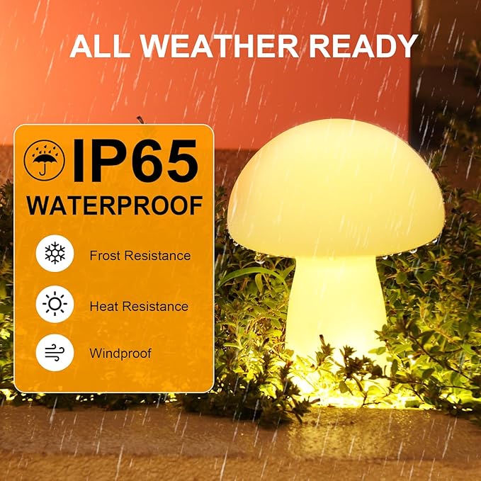 Solar Table Lamp Outdoor Waterproof, Mushroom Solar Lamp with USB & Solar Charging, 2000mAh Rechargeable IP65 Patio Garden Decor Light for Indoor Outdoor, Bedside Lamp, Housewarming Gift