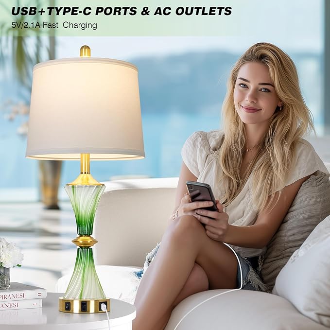 Green Glass Table Lamp Set of 2 with USB C+A Ports & AC Outlet, Bedside Lamp, Modern Bedroom Lamps, Coastal Lamp for Night Stands Bedroom Living Room,Nightstand Lamp LED Bulbs Included