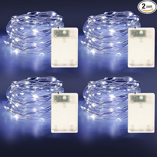 Fairy Lights Battery Operated String Lights 16.4ft 50LED Flashing and Constant Light Waterproof Silver Wire for Christmas DIY Party Wedding Decoration (White, 4 Pack)