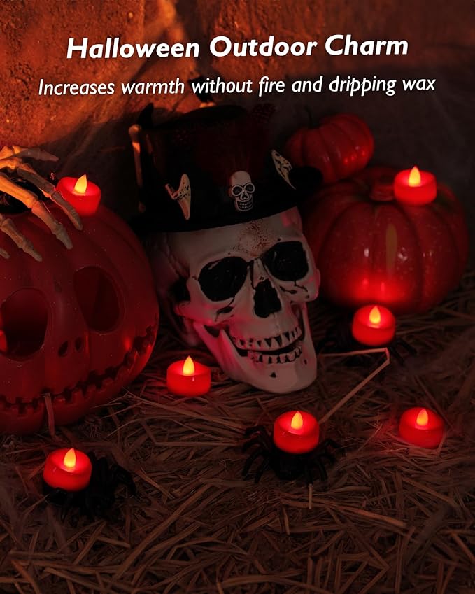 Flameless Candles, 12 Pack Tea Lights Candle Battery Operated, Flameless Tealight Votives, Realistic Tea Lights for Halloween Christmas Party Decor -D 1.5” x H 1.25”-Red Light