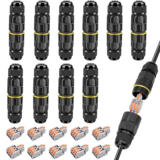 Linkstyle 10-Pack Junction Box 3 Pin Electrical Cable Connectors, IP68 Waterproof Outdoor 3 Way 4-10mm Adjustable Wire Box with Replaceable 1 in 3 Out Lever Wire Connector 28-12AWG