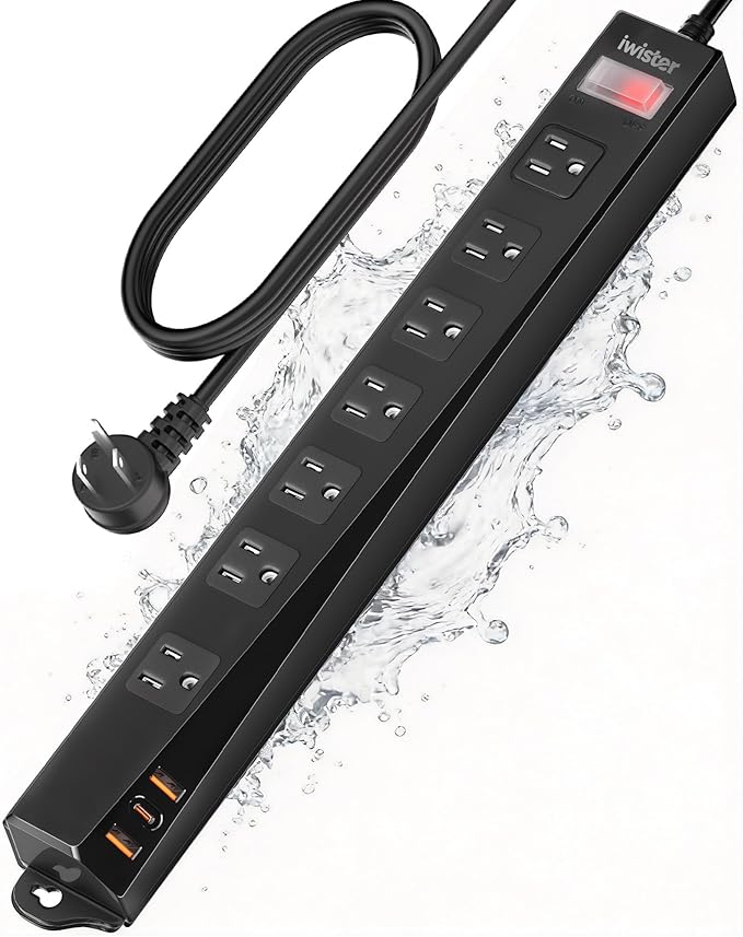 Outdoor Power Strip Weatherproof IPX6,1625W/13A 6 Ft Extension Cord with Multiple Outlets,7 AC & 3 USB, Wall Mount for Camping,Poolside,Garden,Workshop,Black