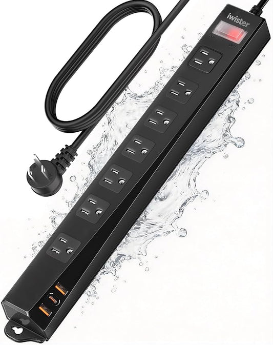 Outdoor Power Strip Weatherproof IPX6,1625W/13A 6 Ft Extension Cord with Multiple Outlets,7 AC & 3 USB, Wall Mount for Camping,Poolside,Garden,Workshop,Black